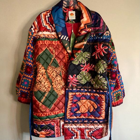 NEW FARM Rio Patchwork Tapestry Crochet Puffer Jacket Tropical Tie Belt Size XL - Picture 8 of 16